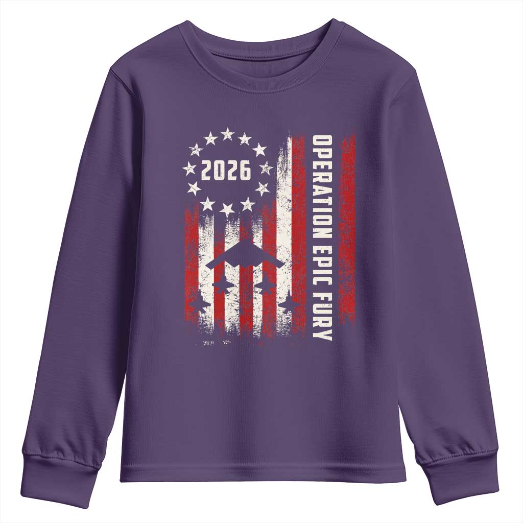 Operation Epic Fury 2026 American Flag Bomber Youth Sweatshirt B2 Spirit Patriotic Air Dominance TS02 Purple Print Your Wear
