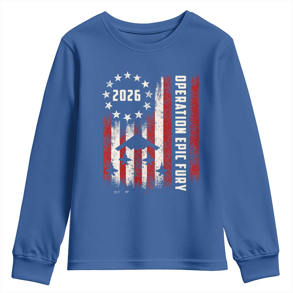 Operation Epic Fury 2026 American Flag Bomber Youth Sweatshirt B2 Spirit Patriotic Air Dominance TS02 Royal Blue Print Your Wear