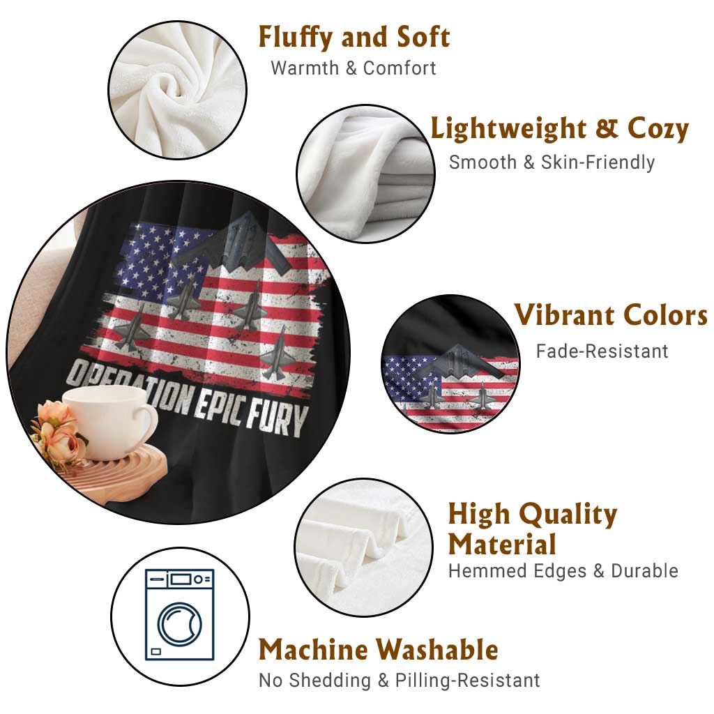 Operation Epic Fury Fighter Jet Formation American Flag Throw Blanket B12 Spirit USA Strength and Freedom TS02 Print Your Wear