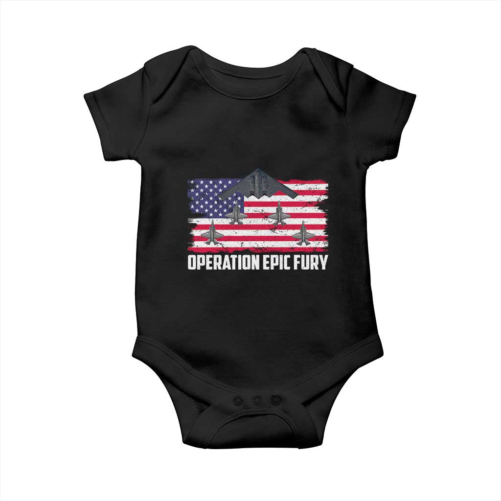 Operation Epic Fury Fighter Jet Formation American Flag Baby Onesie B12 Spirit USA Strength and Freedom TS02 Black Print Your Wear