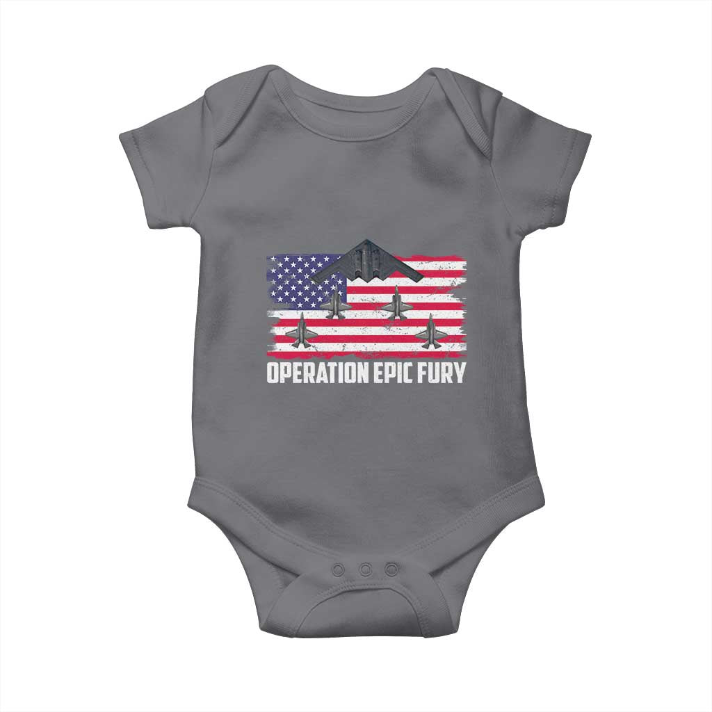 Operation Epic Fury Fighter Jet Formation American Flag Baby Onesie B12 Spirit USA Strength and Freedom TS02 Charcoal Print Your Wear