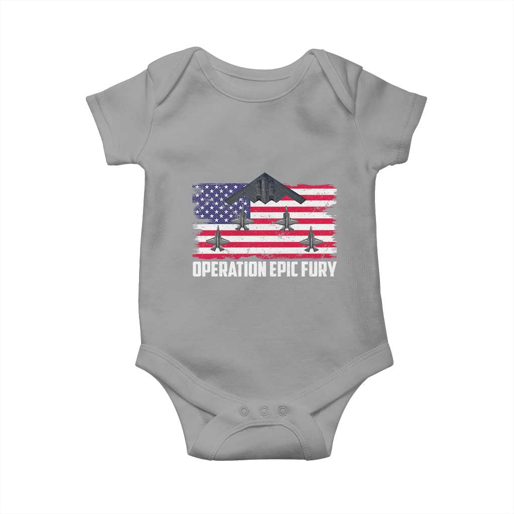 Operation Epic Fury Fighter Jet Formation American Flag Baby Onesie B12 Spirit USA Strength and Freedom TS02 Sport Gray Print Your Wear