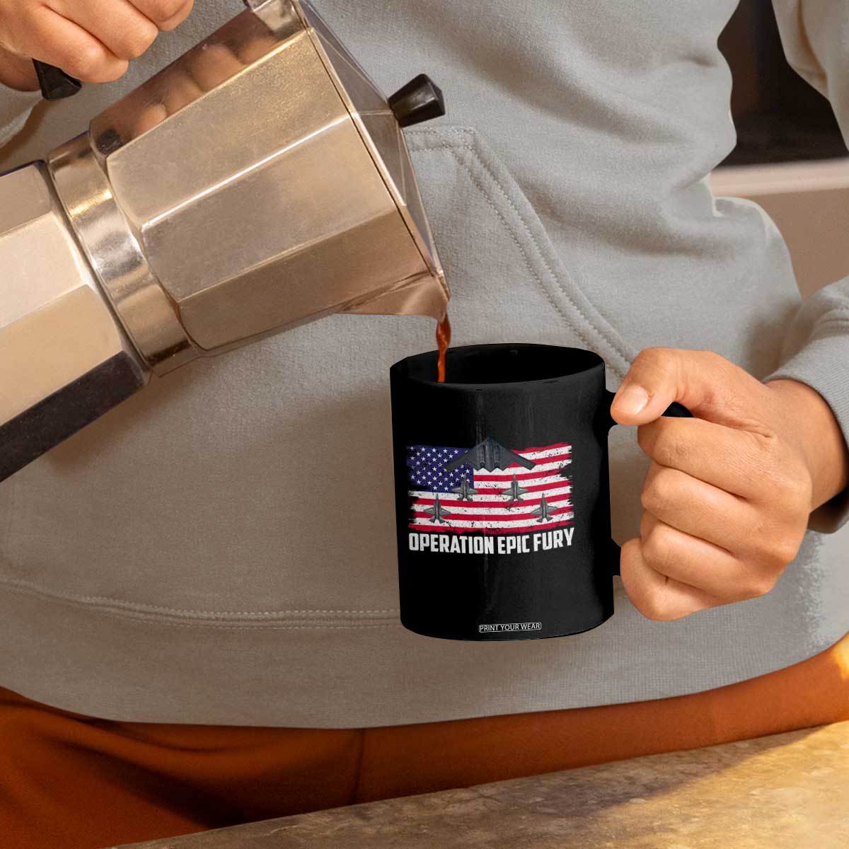 Operation Epic Fury Fighter Jet Formation American Flag Coffee Mug B12 Spirit USA Strength and Freedom TS02 Print Your Wear