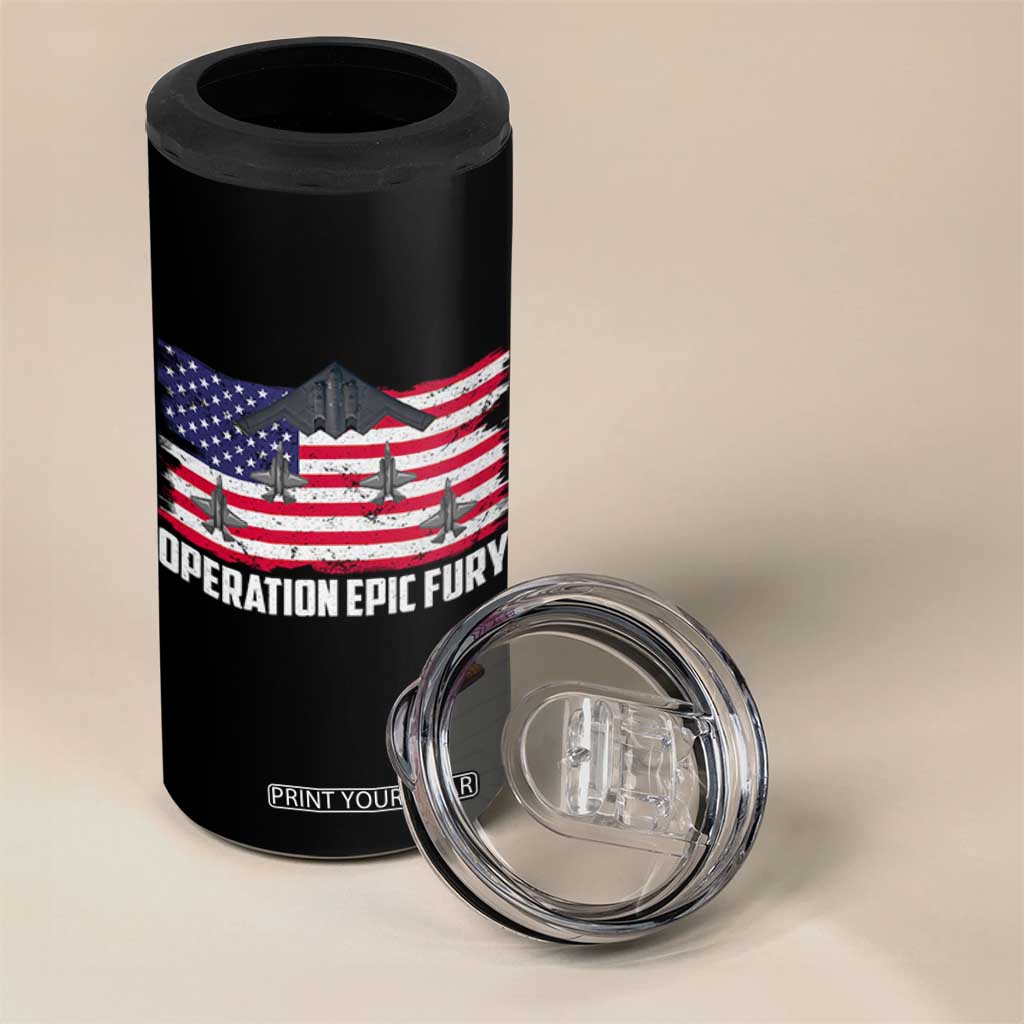 Operation Epic Fury Fighter Jet Formation American Flag 4 in 1 Can Cooler Tumbler B12 Spirit USA Strength and Freedom TS02 Print Your Wear