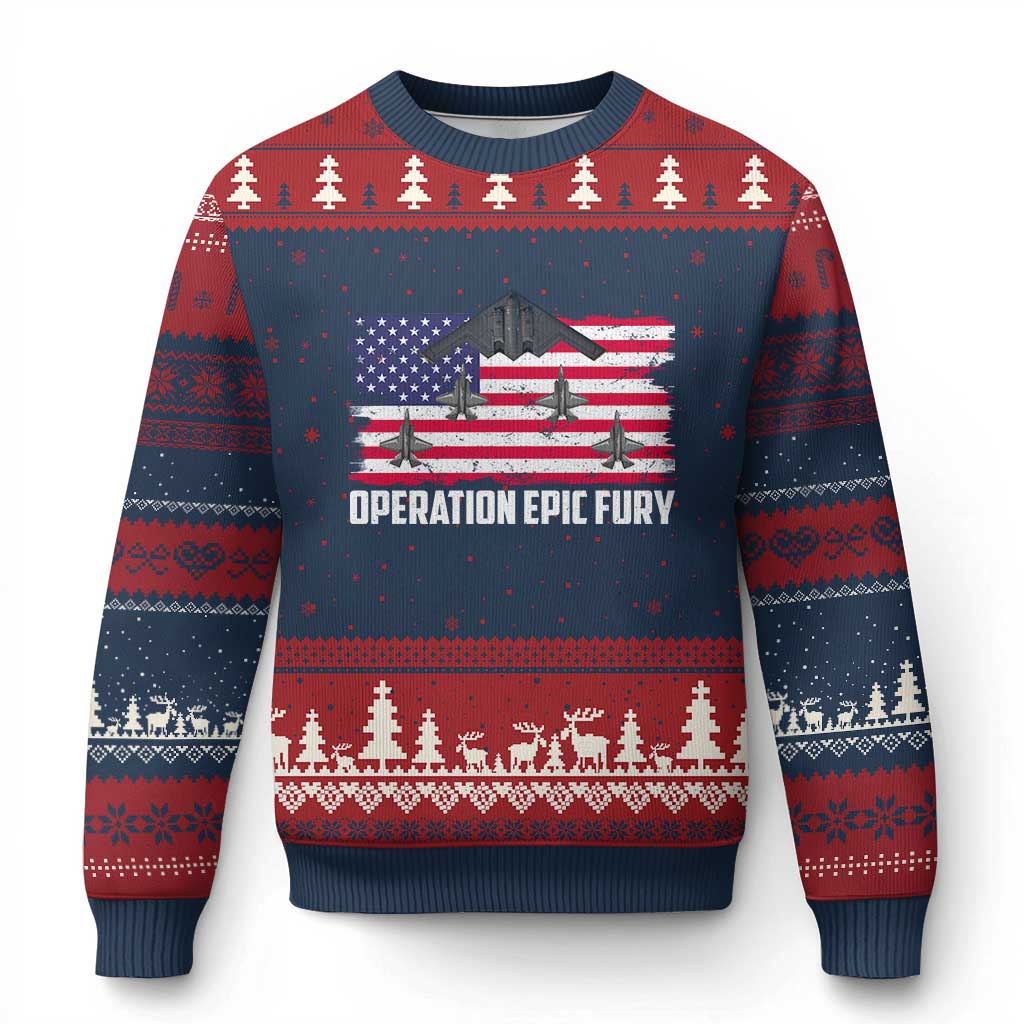 Operation Epic Fury Fighter Jet Formation American Flag Ugly Christmas Sweater B12 Spirit USA Strength and Freedom TS02 Navy Red Print Your Wear