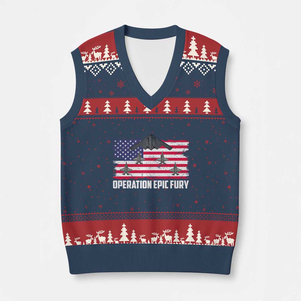 Operation Epic Fury Fighter Jet Formation American Flag V-Neck Knit Sweater Vest B12 Spirit USA Strength and Freedom TS02 Navy Red Print Your Wear