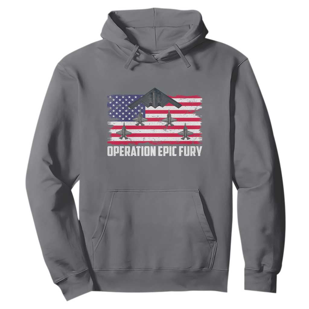 Operation Epic Fury Fighter Jet Formation American Flag Hoodie B12 Spirit USA Strength and Freedom TS02 Charcoal Print Your Wear