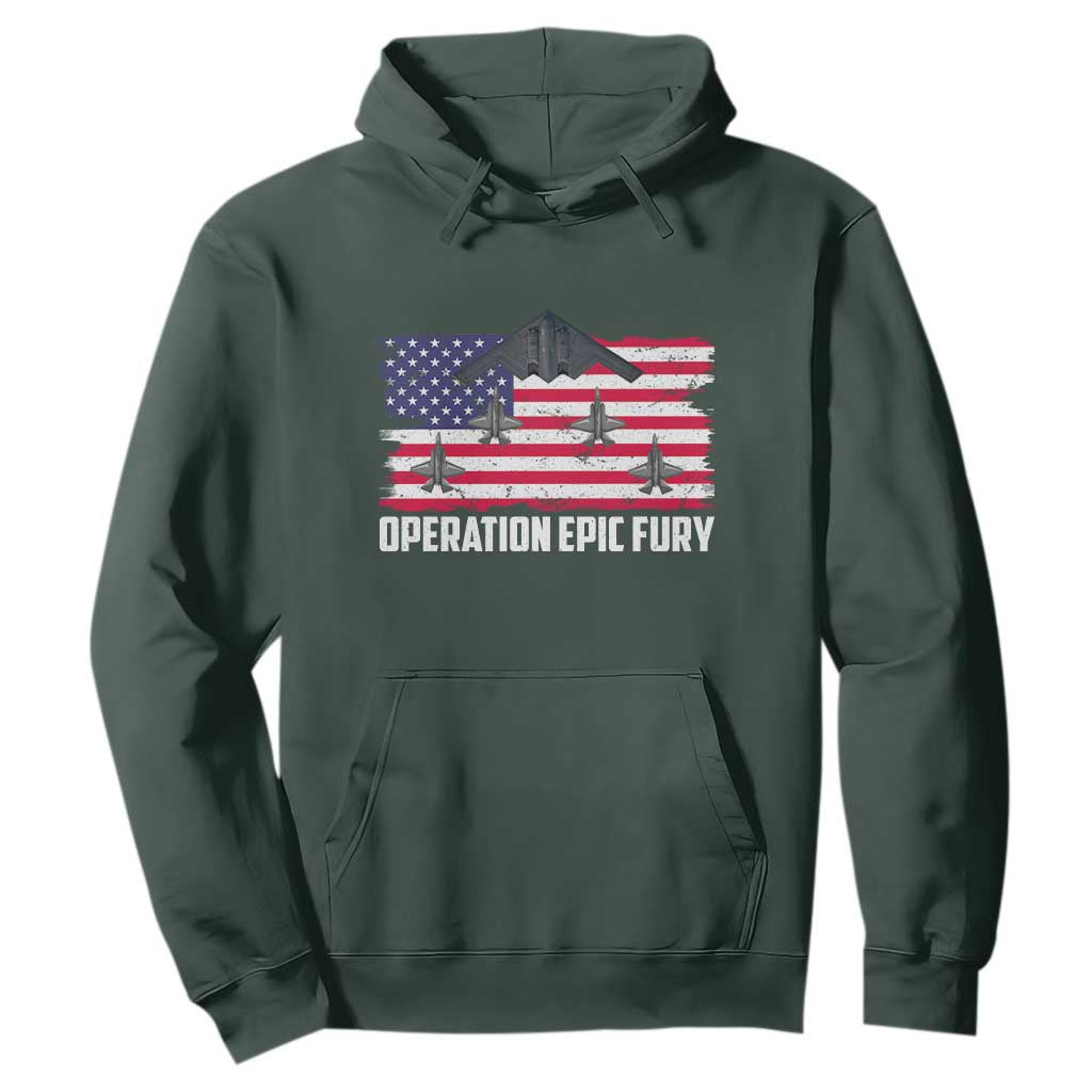 Operation Epic Fury Fighter Jet Formation American Flag Hoodie B12 Spirit USA Strength and Freedom TS02 Dark Forest Green Print Your Wear