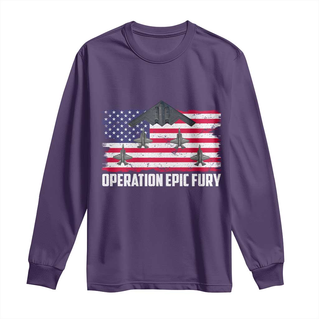 Operation Epic Fury Fighter Jet Formation American Flag Long Sleeve Shirt B12 Spirit USA Strength and Freedom TS02 Purple Print Your Wear