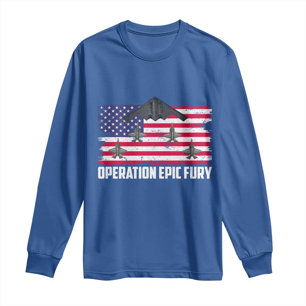 Operation Epic Fury Fighter Jet Formation American Flag Long Sleeve Shirt B12 Spirit USA Strength and Freedom TS02 Royal Blue Print Your Wear
