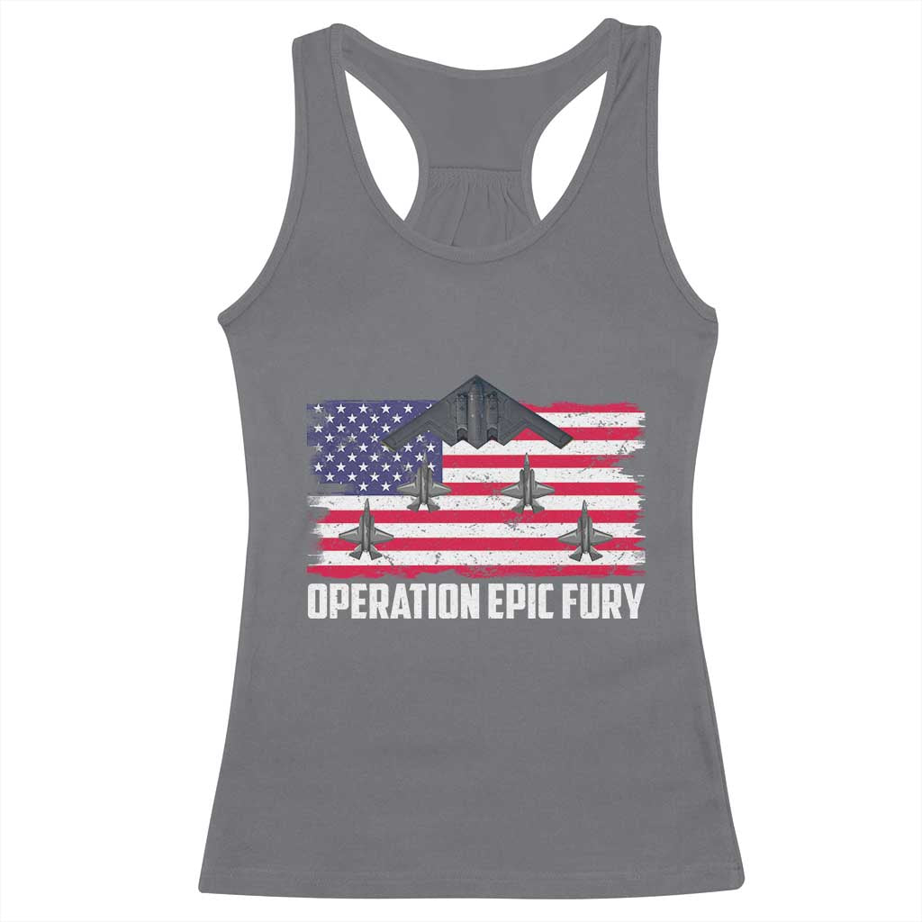 Operation Epic Fury Fighter Jet Formation American Flag Racerback Tank Top B12 Spirit USA Strength and Freedom TS02 Charcoal Print Your Wear