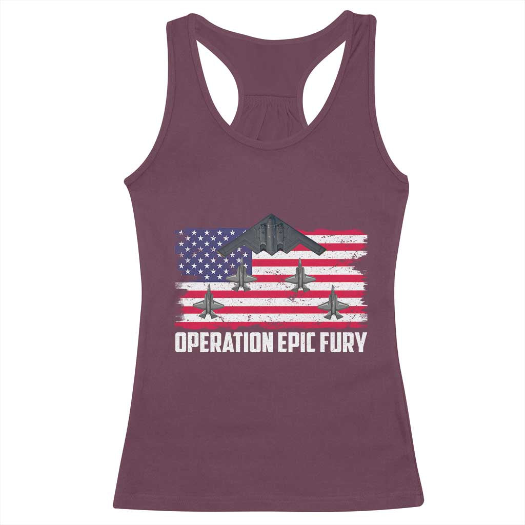 Operation Epic Fury Fighter Jet Formation American Flag Racerback Tank Top B12 Spirit USA Strength and Freedom TS02 Maroon Print Your Wear
