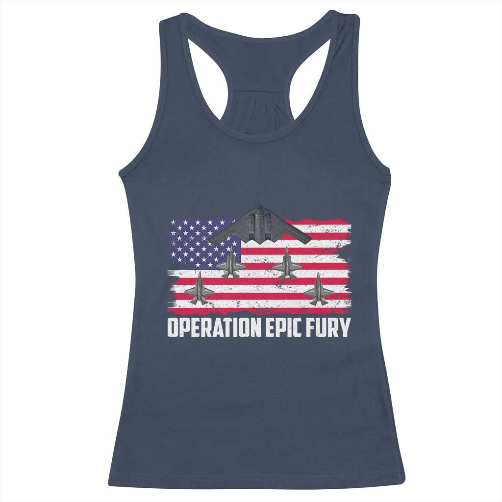 Operation Epic Fury Fighter Jet Formation American Flag Racerback Tank Top B12 Spirit USA Strength and Freedom TS02 Navy Print Your Wear