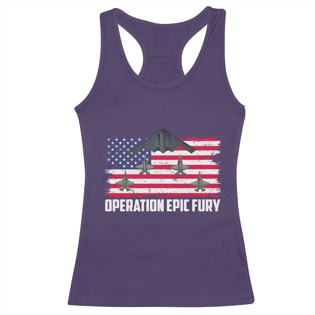 Operation Epic Fury Fighter Jet Formation American Flag Racerback Tank Top B12 Spirit USA Strength and Freedom TS02 Purple Print Your Wear