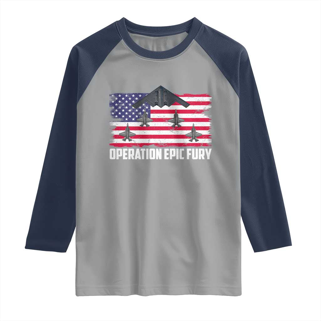 Operation Epic Fury Fighter Jet Formation American Flag Raglan Shirt B12 Spirit USA Strength and Freedom TS02 Sport Gray Navy Print Your Wear