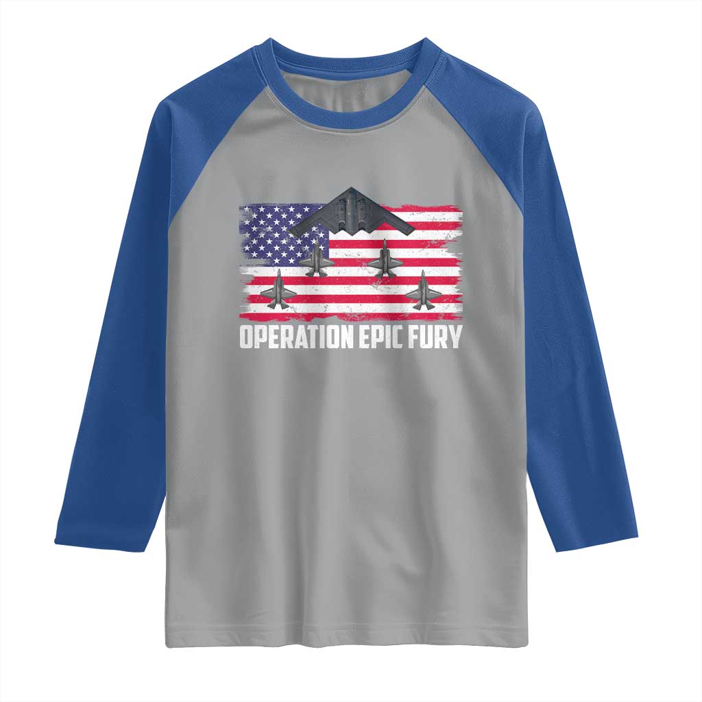 Operation Epic Fury Fighter Jet Formation American Flag Raglan Shirt B12 Spirit USA Strength and Freedom TS02 Sport Gray Royal Print Your Wear