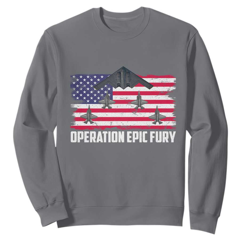 Operation Epic Fury Fighter Jet Formation American Flag Sweatshirt B12 Spirit USA Strength and Freedom TS02 Charcoal Print Your Wear
