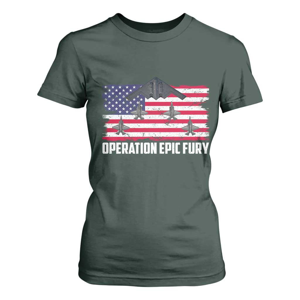 Operation Epic Fury Fighter Jet Formation American Flag T Shirt For Women B12 Spirit USA Strength and Freedom TS02 Dark Forest Green Print Your Wear