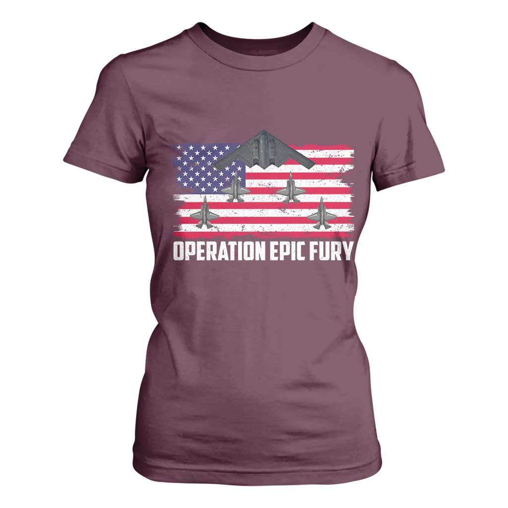 Operation Epic Fury Fighter Jet Formation American Flag T Shirt For Women B12 Spirit USA Strength and Freedom TS02 Maroon Print Your Wear