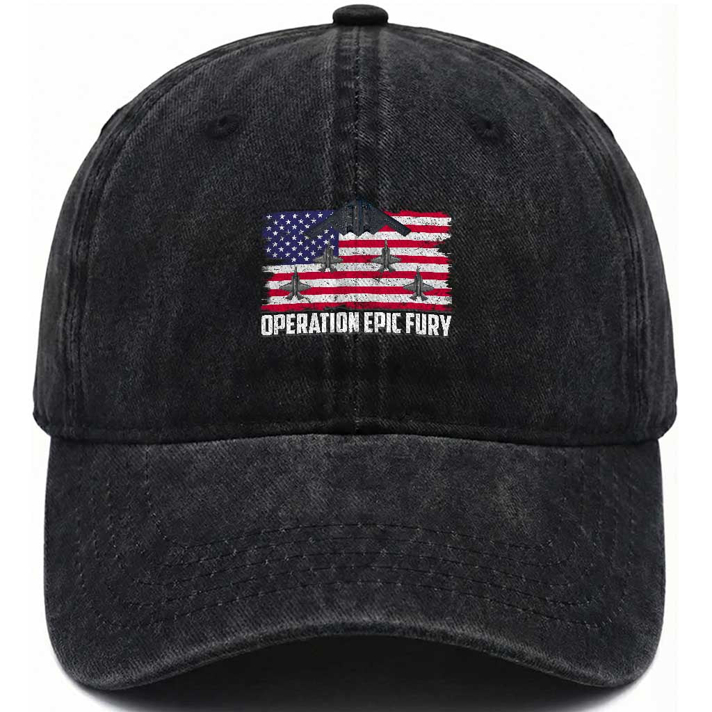 Operation Epic Fury Fighter Jet Formation American Flag Washed Cotton Baseball Cap B12 Spirit USA Strength and Freedom TS02 Washed Cap Universal Fit Black Print Your Wear