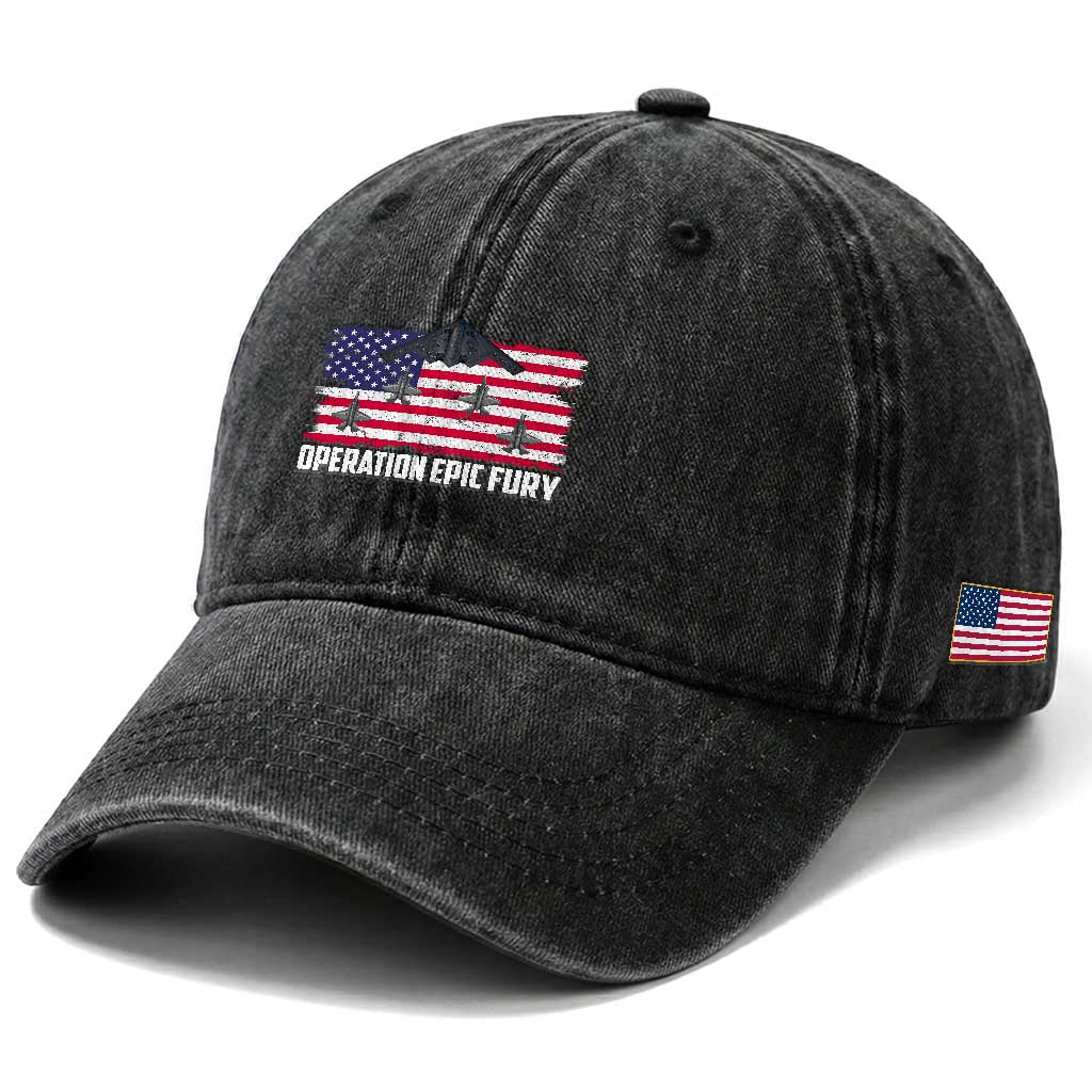 Operation Epic Fury Fighter Jet Formation American Flag Washed Cotton Baseball Cap B12 Spirit USA Strength and Freedom TS02 Print Your Wear