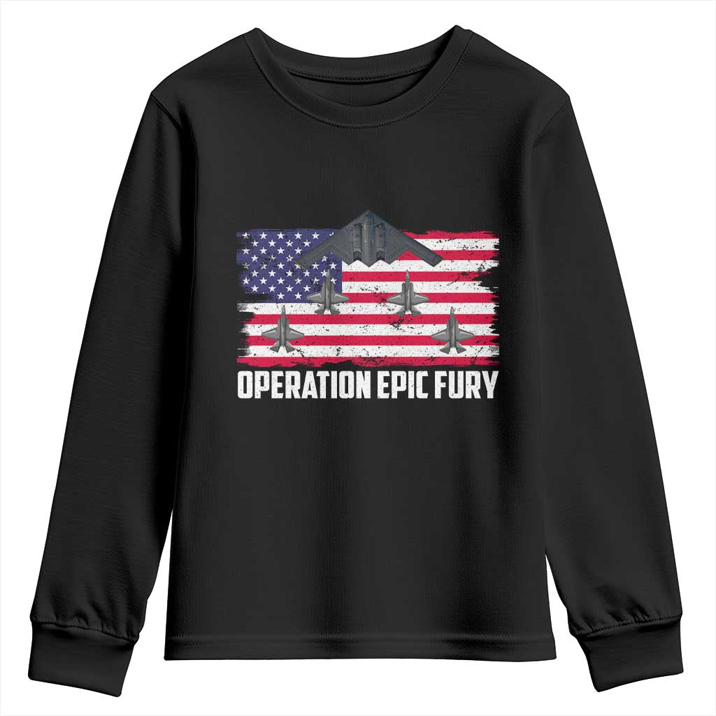 Operation Epic Fury Fighter Jet Formation American Flag Youth Sweatshirt B12 Spirit USA Strength and Freedom TS02 Black Print Your Wear