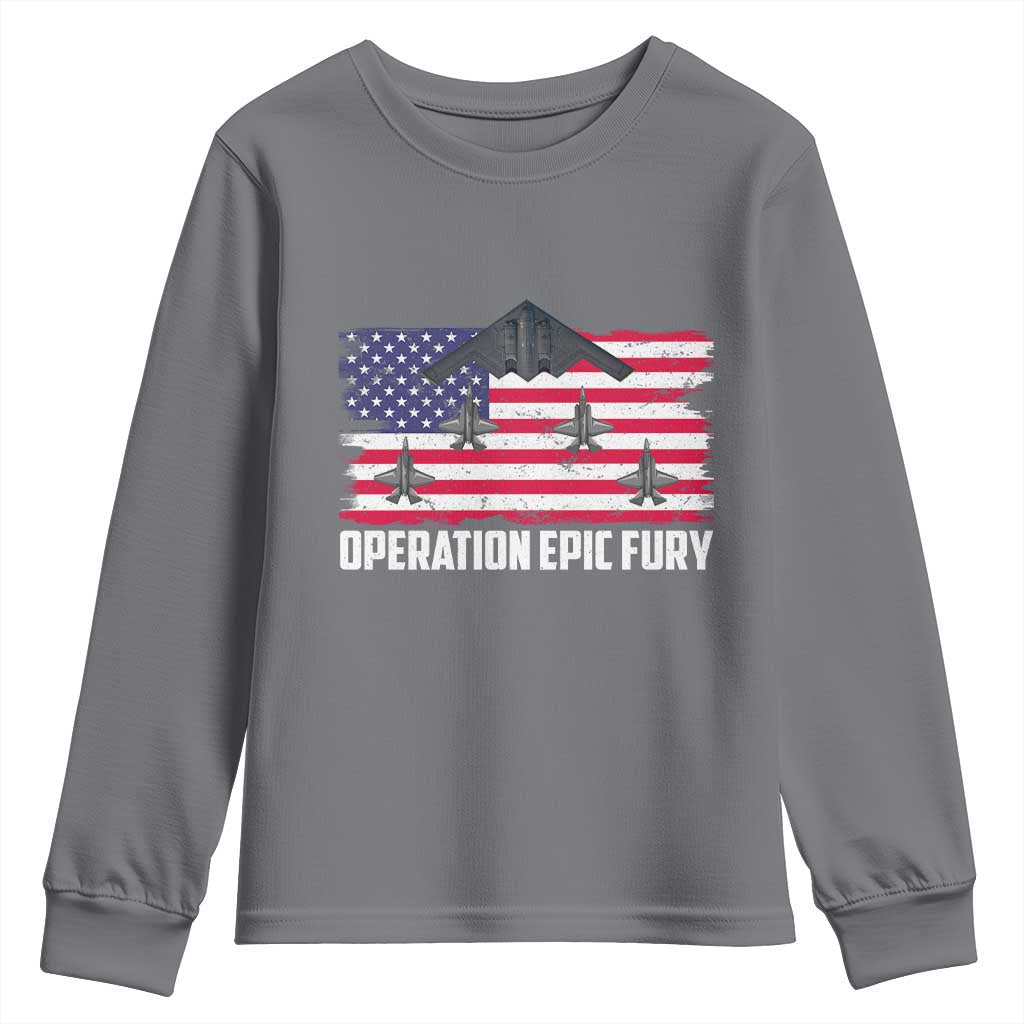 Operation Epic Fury Fighter Jet Formation American Flag Youth Sweatshirt B12 Spirit USA Strength and Freedom TS02 Charcoal Print Your Wear