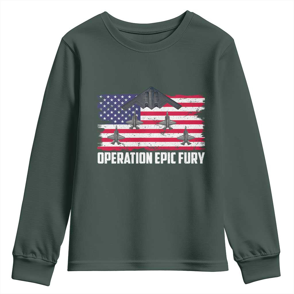 Operation Epic Fury Fighter Jet Formation American Flag Youth Sweatshirt B12 Spirit USA Strength and Freedom TS02 Dark Forest Green Print Your Wear