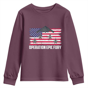 Operation Epic Fury Fighter Jet Formation American Flag Youth Sweatshirt B12 Spirit USA Strength and Freedom TS02 Maroon Print Your Wear