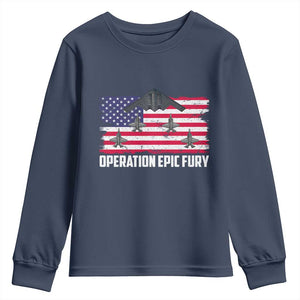 Operation Epic Fury Fighter Jet Formation American Flag Youth Sweatshirt B12 Spirit USA Strength and Freedom TS02 Navy Print Your Wear