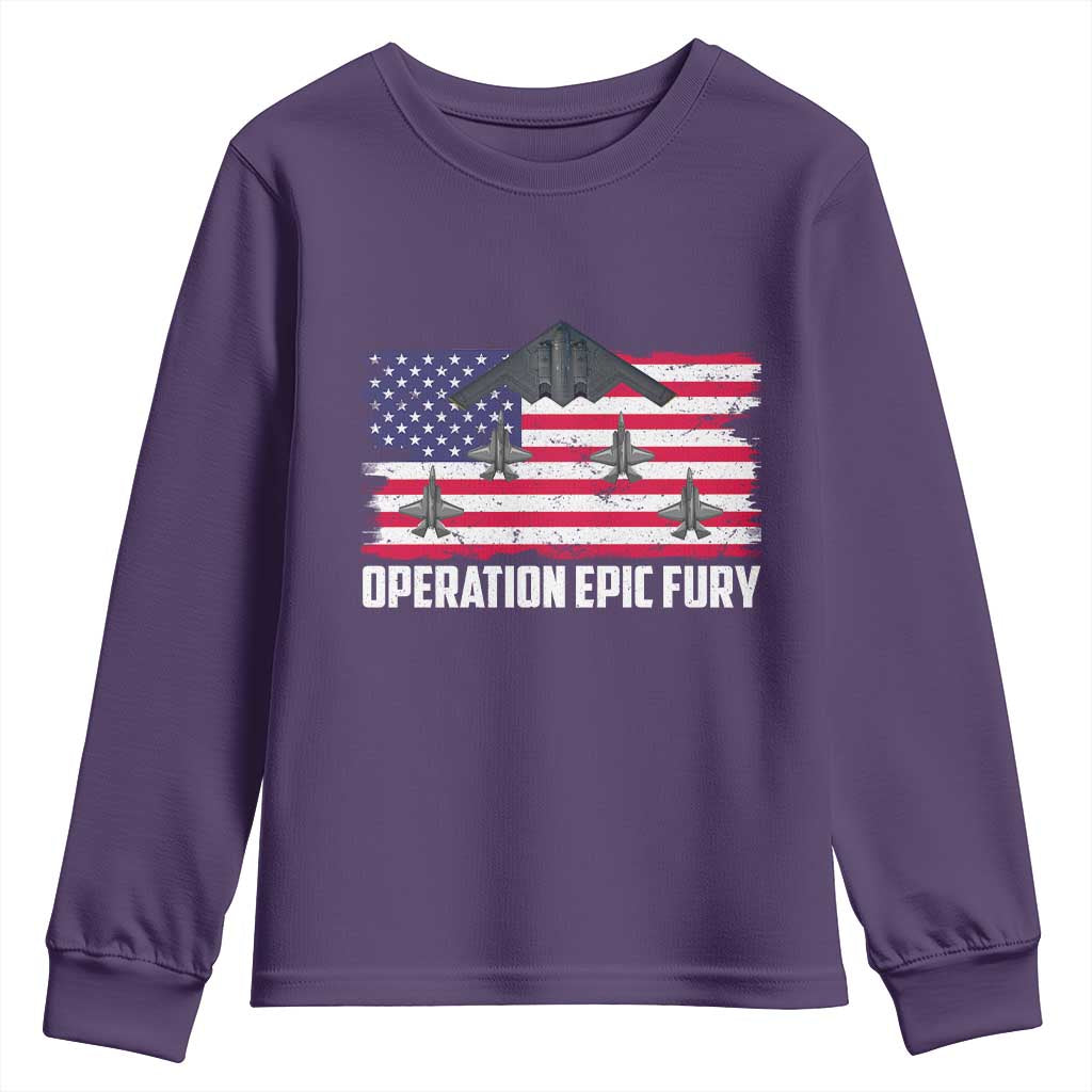 Operation Epic Fury Fighter Jet Formation American Flag Youth Sweatshirt B12 Spirit USA Strength and Freedom TS02 Purple Print Your Wear