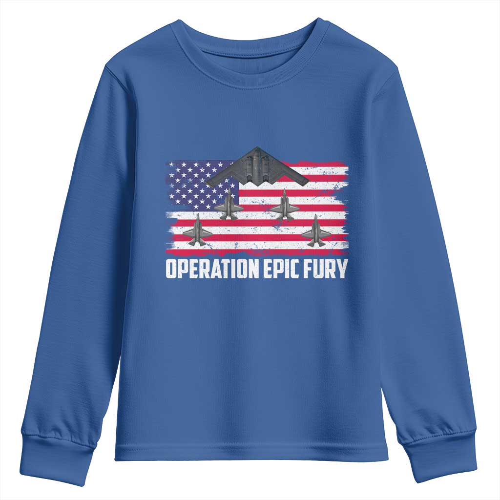 Operation Epic Fury Fighter Jet Formation American Flag Youth Sweatshirt B12 Spirit USA Strength and Freedom TS02 Royal Blue Print Your Wear