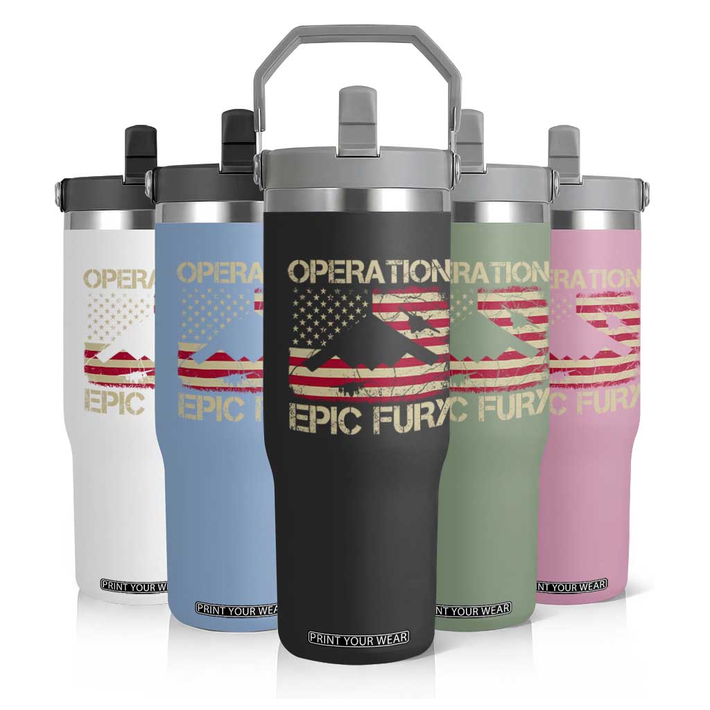 Operation Epic Fury Vintage American Flag Bomber Flip Straw Tumbler B2 Spirit Patriotic Strength TS02 Print Your Wear