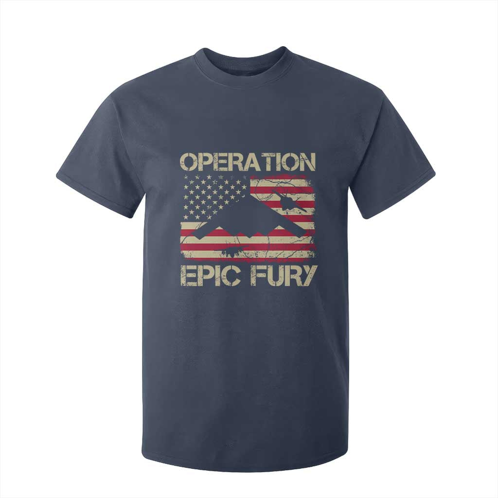 Operation Epic Fury Vintage American Flag Bomber T Shirt For Kid B2 Spirit Patriotic Strength TS02 Navy Print Your Wear