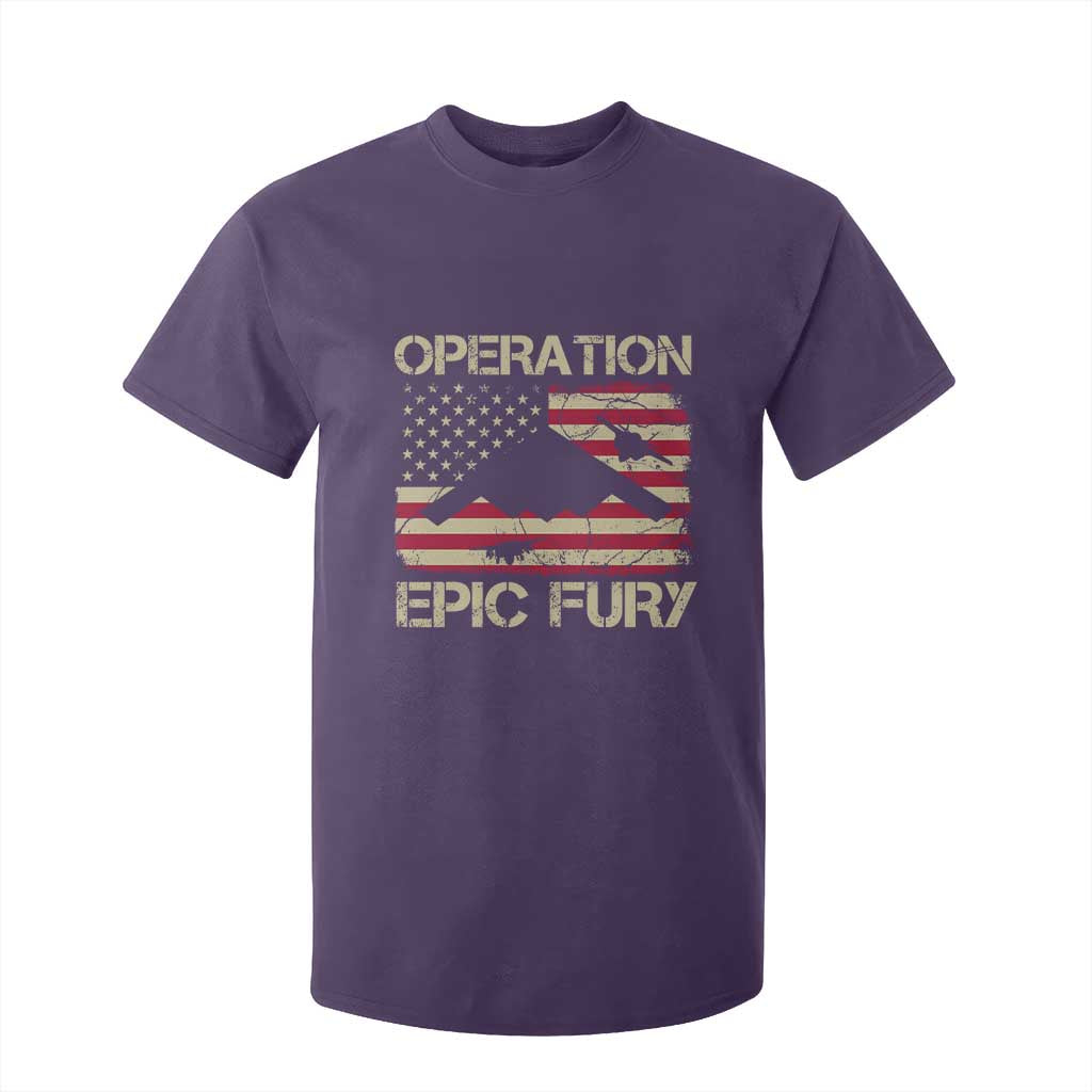Operation Epic Fury Vintage American Flag Bomber T Shirt For Kid B2 Spirit Patriotic Strength TS02 Purple Print Your Wear