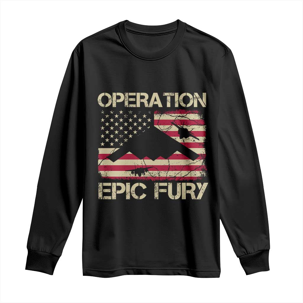 Operation Epic Fury Vintage American Flag Bomber Long Sleeve Shirt B2 Spirit Patriotic Strength TS02 Black Print Your Wear