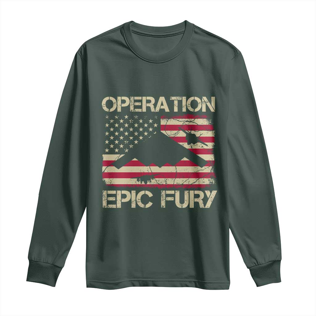 Operation Epic Fury Vintage American Flag Bomber Long Sleeve Shirt B2 Spirit Patriotic Strength TS02 Dark Forest Green Print Your Wear