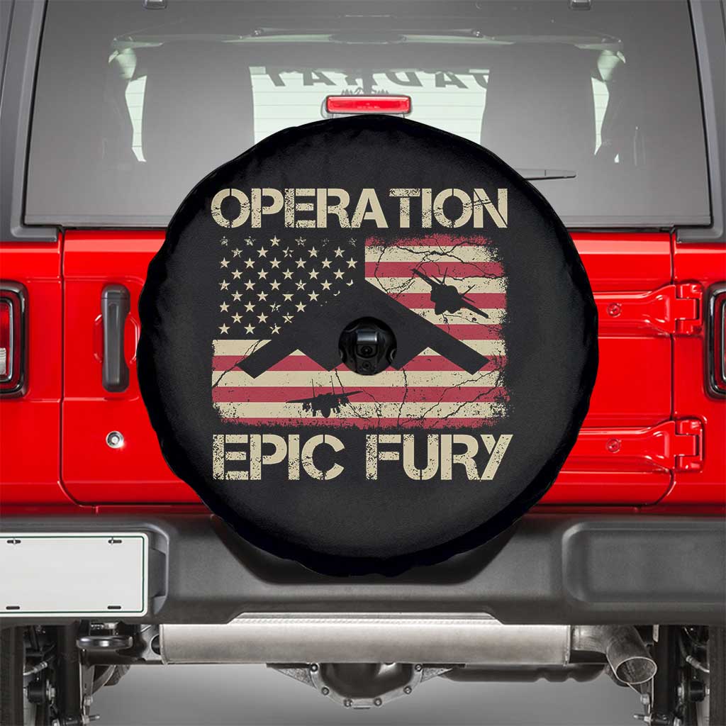 Operation Epic Fury Vintage American Flag Bomber Spare Tire Cover B2 Spirit Patriotic Strength TS02 Black Print Your Wear