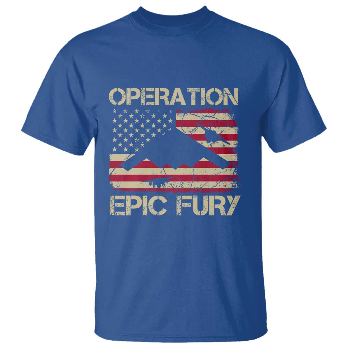 Operation Epic Fury Vintage American Flag Bomber T Shirt B2 Spirit Patriotic Strength TS02 Royal Blue Print Your Wear