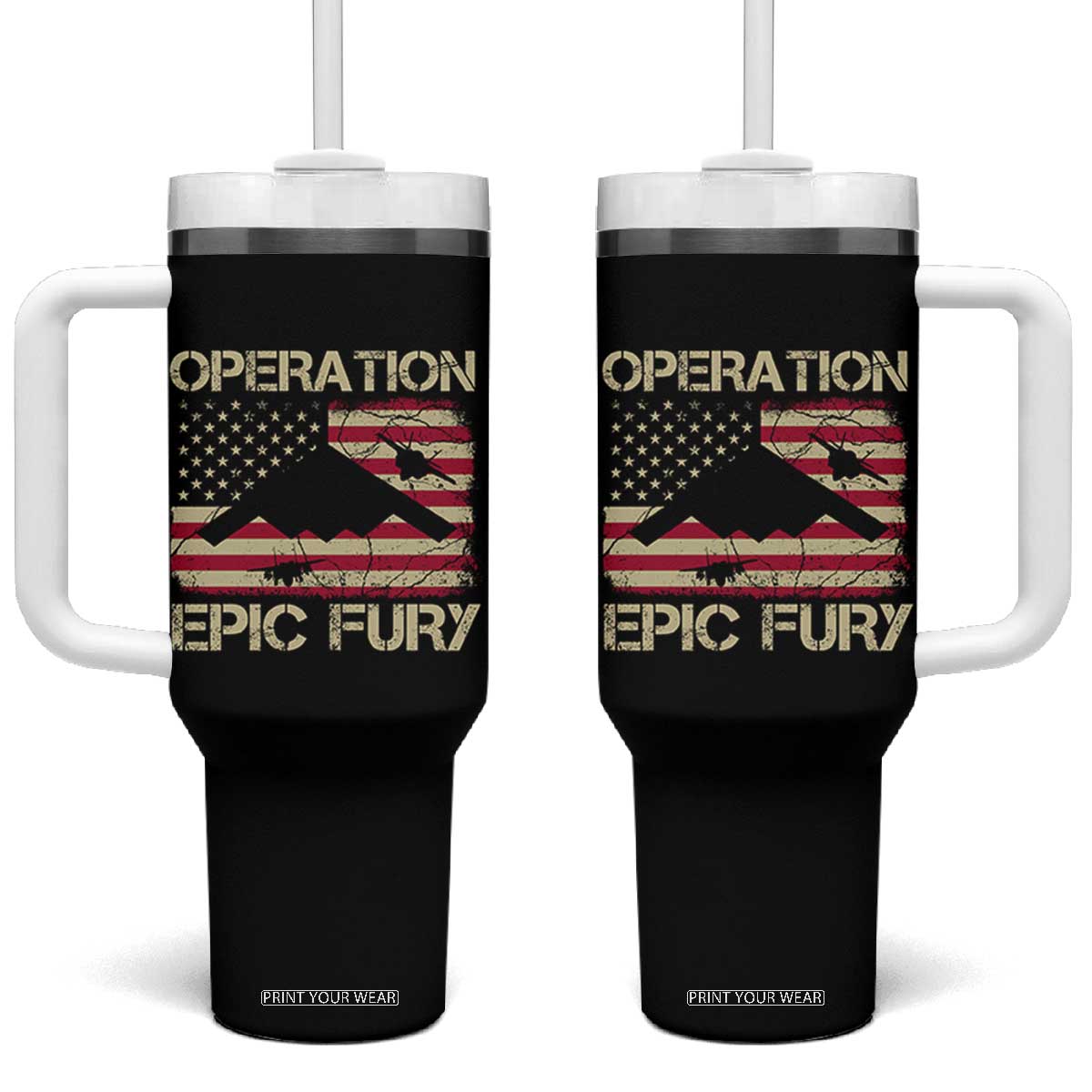 Operation Epic Fury Vintage American Flag Bomber Tumbler With Handle B2 Spirit Patriotic Strength TS02 One Size: 40 oz Black Print Your Wear