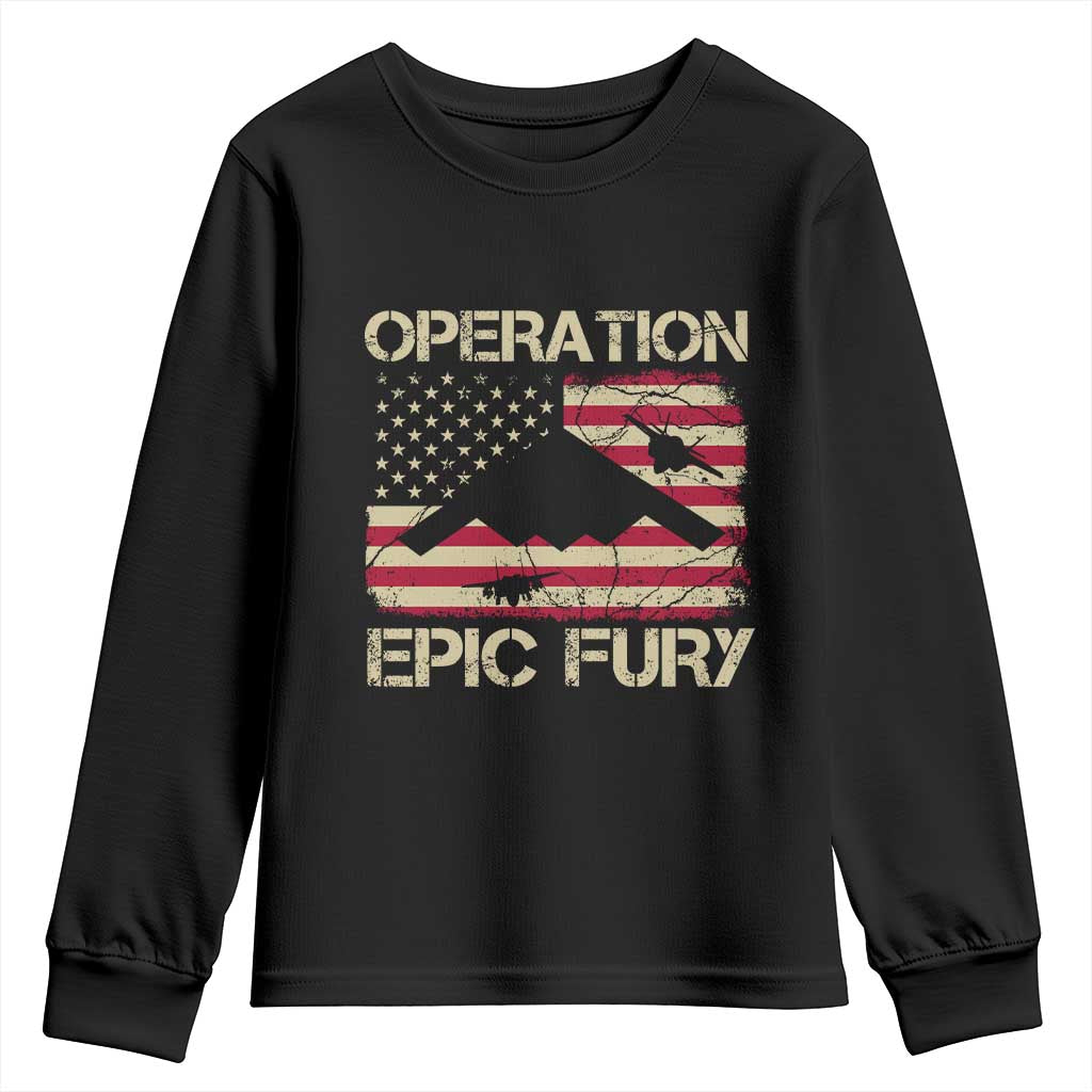 Operation Epic Fury Vintage American Flag Bomber Youth Sweatshirt B2 Spirit Patriotic Strength TS02 Black Print Your Wear