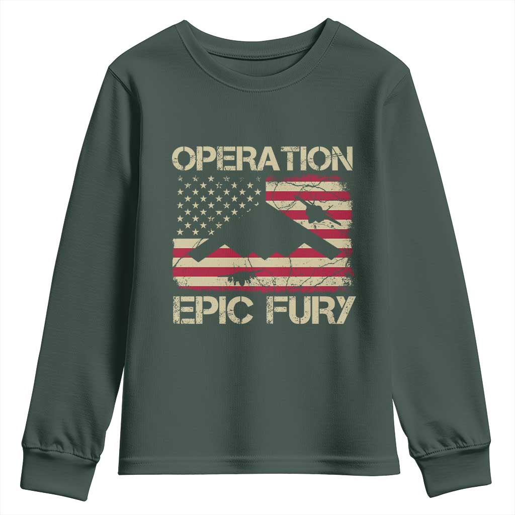 Operation Epic Fury Vintage American Flag Bomber Youth Sweatshirt B2 Spirit Patriotic Strength TS02 Dark Forest Green Print Your Wear