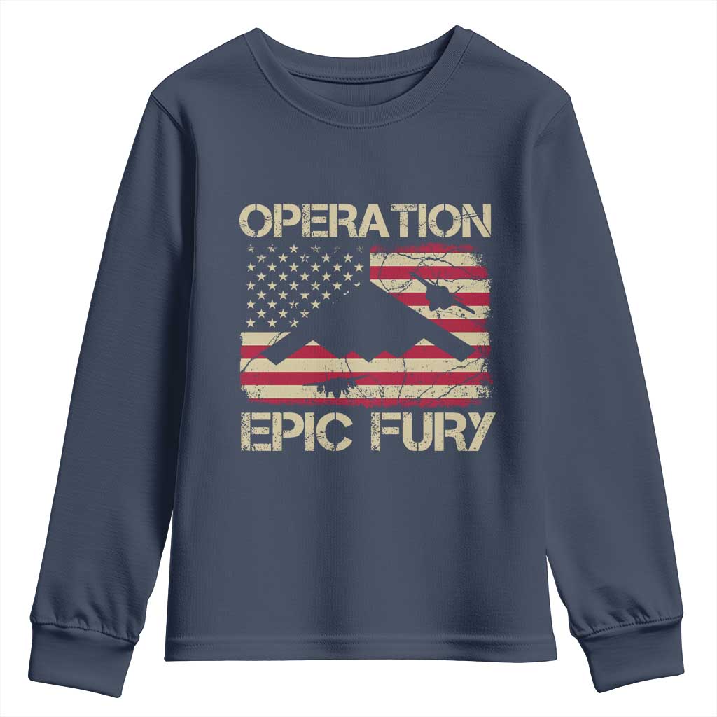 Operation Epic Fury Vintage American Flag Bomber Youth Sweatshirt B2 Spirit Patriotic Strength TS02 Navy Print Your Wear