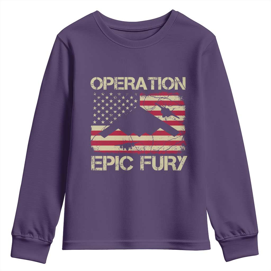 Operation Epic Fury Vintage American Flag Bomber Youth Sweatshirt B2 Spirit Patriotic Strength TS02 Purple Print Your Wear