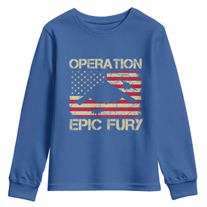 Operation Epic Fury Vintage American Flag Bomber Youth Sweatshirt B2 Spirit Patriotic Strength TS02 Royal Blue Print Your Wear