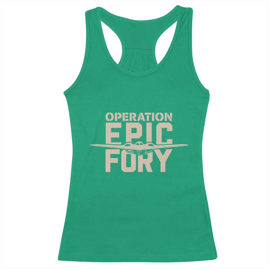 Operation Epic Fury Stealth Bomber Silhouette Racerback Tank Top Patriotic B2 Spirit Aviation Statement TS02 Irish Green Print Your Wear