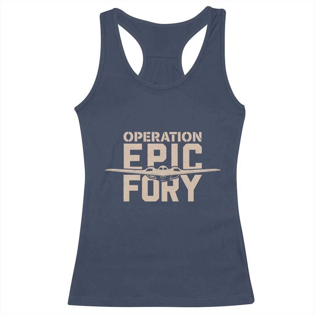 Operation Epic Fury Stealth Bomber Silhouette Racerback Tank Top Patriotic B2 Spirit Aviation Statement TS02 Navy Print Your Wear