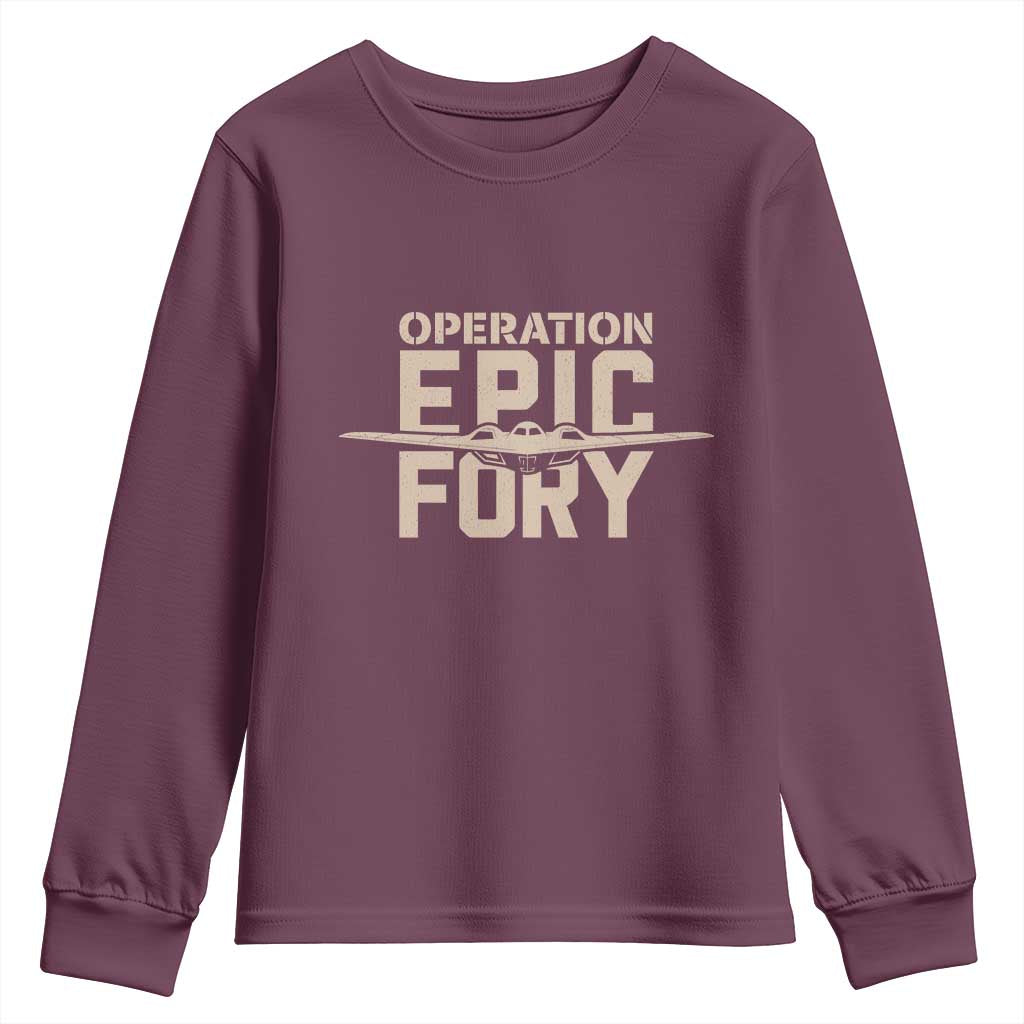 Operation Epic Fury Stealth Bomber Silhouette Youth Sweatshirt Patriotic B2 Spirit Aviation Statement TS02 Maroon Print Your Wear