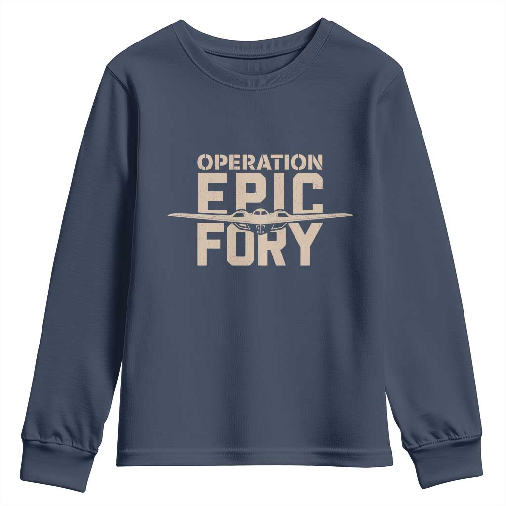 Operation Epic Fury Stealth Bomber Silhouette Youth Sweatshirt Patriotic B2 Spirit Aviation Statement TS02 Navy Print Your Wear