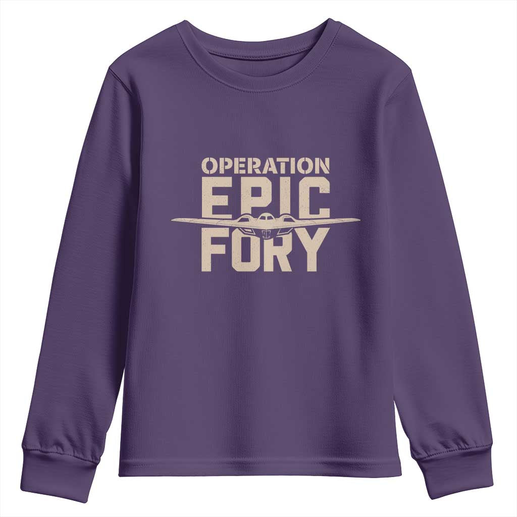 Operation Epic Fury Stealth Bomber Silhouette Youth Sweatshirt Patriotic B2 Spirit Aviation Statement TS02 Purple Print Your Wear